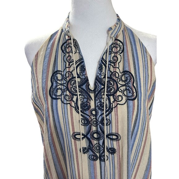THML Embroidered Striped Summer Dress Tassel Detail, Lined, Sz M - Picture 2 of 6